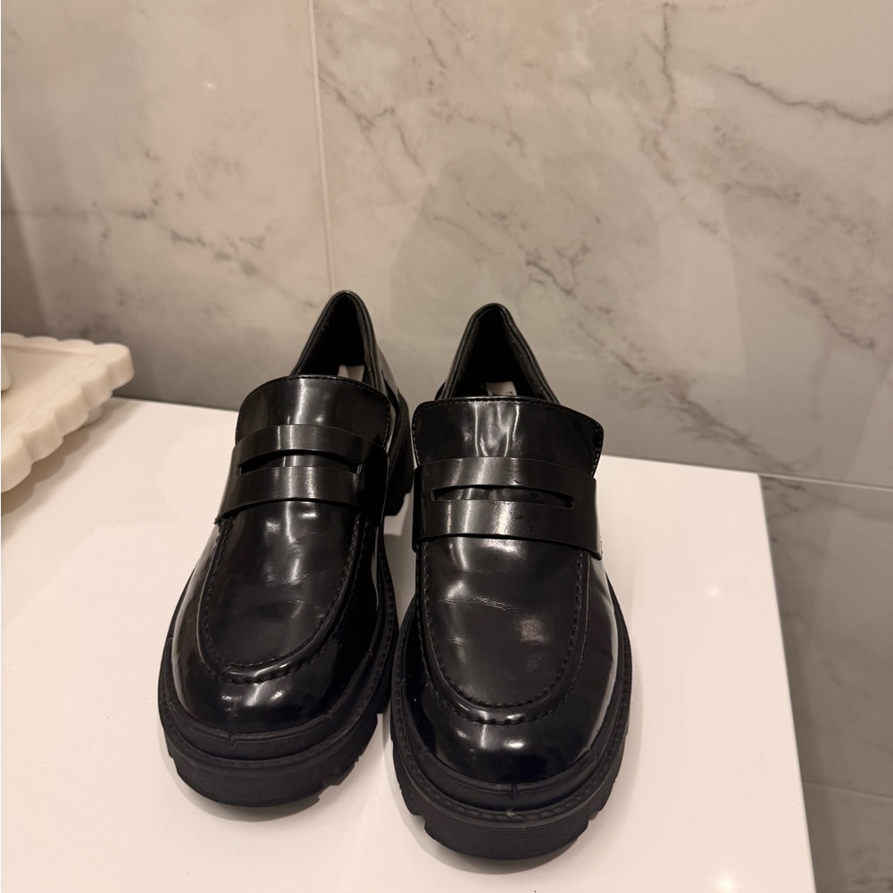 Black Patent Leather Lug Sole Penny Loafers